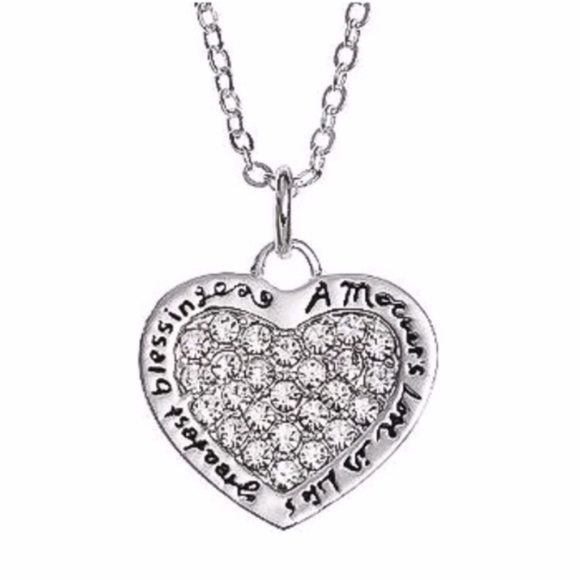 Necklace Mother's Love Mom Family CZ Crystal Heart Pendant Silver tone GIft Box - Picture 1 of 4